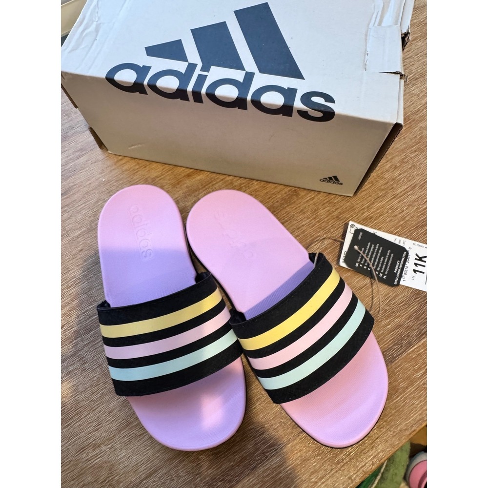 Kids‎ Adidas Adilette Shower Slides Purple Pink Yellow Black Stripe Size 11K - Picture 2 of 4